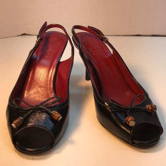 Gucci Black SlingBack OpenToe Leather Heels Sz 7.5 - Picture 1 of 8